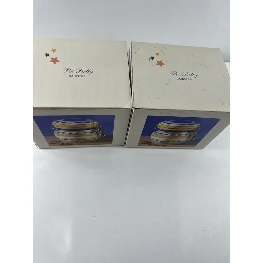 Set of 2 Hand Painted Ceramic Canisters with Clamp Lids 6.5” Blue Yellow